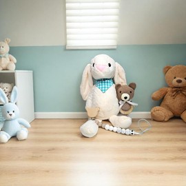 Set de Regalo para Bebé Recién Nacido, Conejo de Peluche 35 cm, chupon y Sonaja, Personalizable, baby shower, bautizo