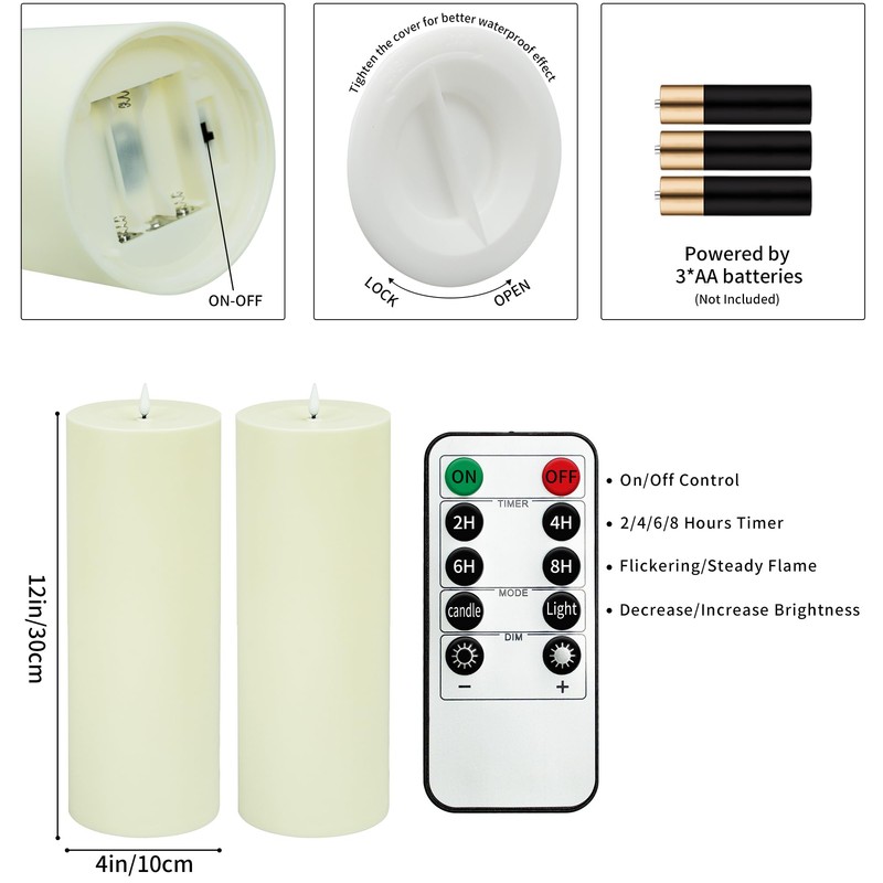12" x 4" Large Outdoor Candles with Timer Waterproof Flickering