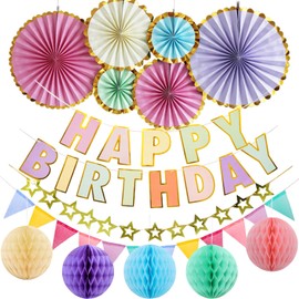 Ezydka Birthday Decoration Girls Set Pastel Children's Birthday Decoration with Happy Birthday Garland, Bunting, Star Garland, Honeycomb Balls, Paper Fans for Women Girls Birthday