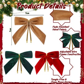 Yogopro 24 Pcs Christmas Bows,Red & Brown & Green Velvet Bows for Christmas Tree,Twist Tie Bows for Gift Wrapping,Wreath,Crafts,Home,Wedding,Party Decor,Small Christmas Decorations(8.9×8.9 cm)