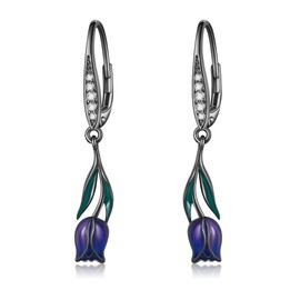 Tulip Earrings 925 Sterling Silver Dangling Tulip Earrings Purple Tulip Flowers Jewellery Gifts for Women, Silver