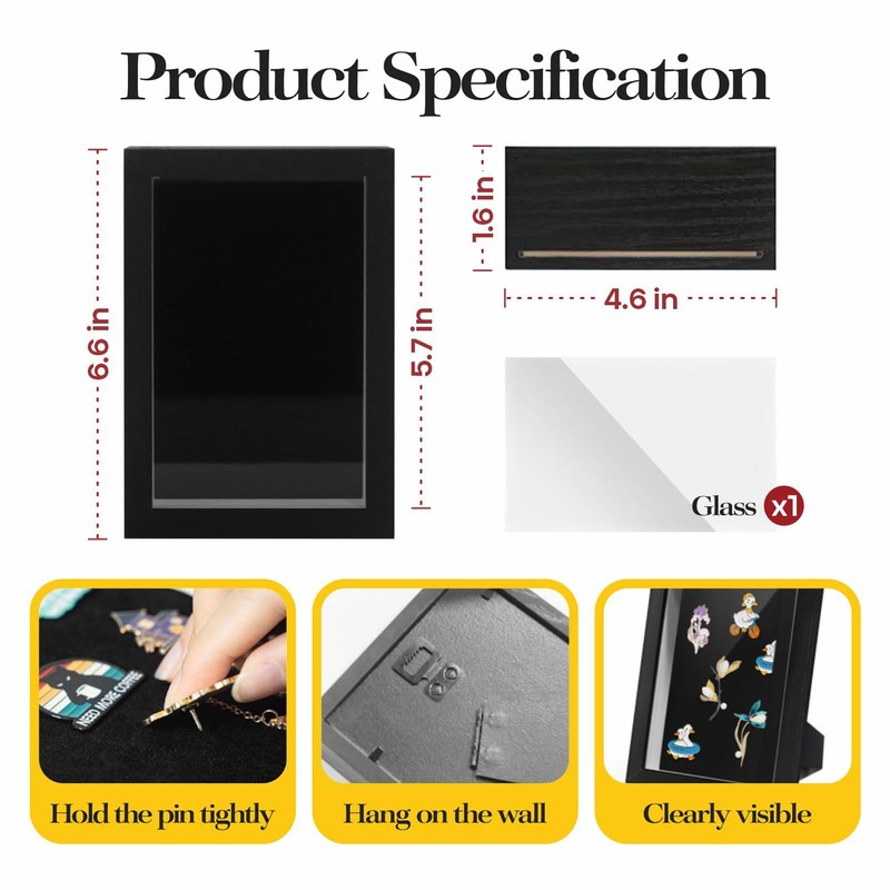 Black Lapel Pin Display Case, 4x6 Shadow Box Frame for