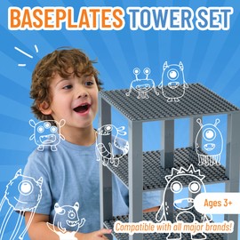 Classic Baseplates 6" x 6" Brik Tower by Strictly Briks | 100% Compatible with All Major Brands | Building Bricks for Towers and More | 4 Gray Stackable Base Plates & 30 Stackers
