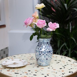 Blue Vase for Flower, Handmade Multi-Color Mosaic Blue Glass Vase Fashion Home Living Room Dining Table Decoration Home Décor Wedding Flower Arrangement(Blue, 8")
