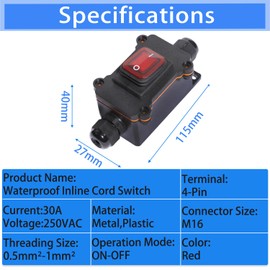 Shengbowi Waterproof Box Inline Cord Switch IP65 DPST Rocker Switch Red Indicator Light 12V 30A Dual Position ON/Off Control Open Double Hole Entry Silver Contact Dust-Proof 2Position Self Locking
