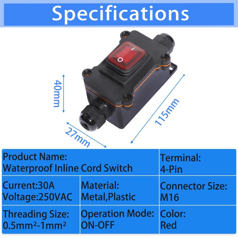 Shengbowi Waterproof Box Inline Cord Switch IP65 DPST Rocker Switch