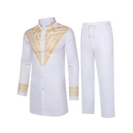 Daupanzees Men's African 2 Piece Set Luxury Traditional Suit Stamp Print Dashiki Button Down Shirt and Pants Outfit White 3XL