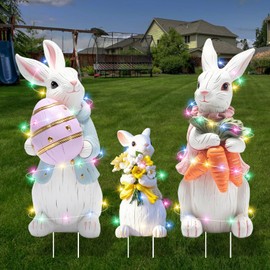 Arosche Extra Large Easter Decorations Outdoor Easter Bunny Yard Signs 3pcs with Stakes Cute Easter Bunny Yard Decorations with LED Lights Holiday Welcome Signs for Party, Lawn, Garden Yard Decor