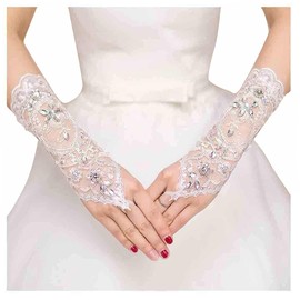 Olbye Women' Wedding Lace Gloves Bridal Fingerless Tulle Gloves Crystal Sequins Wrist Cuffs White Hook Finger Gloves (Without beads)
