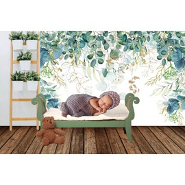 ABLIN 7x5ft Greenery Backdrop for Birthday Party Baby Shower Decorations for Boy Gold and Green Eucalyptus Leaves Gender Reveal Photo Background Photography Shoot Props