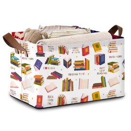 Book Lover Storage Basket Large 17x11.5x10.5 Inche-Collapsible Fabric Organizer Bin with Handles for Library, Reading Nook, Office-Foldable Decorative Hamper with Classic Book Spine Design-Single Pack
