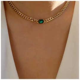 Iaceble Boho Emerald Choker Necklace Gold Square Emerald Pendant Necklace Chunky Curb Chain Necklace Rectangle Emerald Square Necklace Chain Jewelry for Women