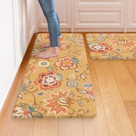 LEEVAN Anti Fatigue Kitchen Mats, Orange Floral Kitchen Rugs 20"x31"+20"x47", Non-Slip Waterproof Kitchen Floor Mats, Colorful Comfort Mats for Kitchen Floor, Sink, Laundry, Office