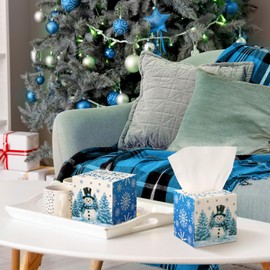 Bencailor 12 Pack Christmas Snowman Facial Tissues Cube Boxes Winter Snowflake Square Cube Boxes 600 Sheets 3 Ply Small Xmas Tissues Cover for Home Car Accessories(Blue White)