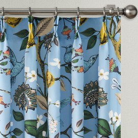 Drapenova Blue and White Patterned Floral Aesthetic Curtains 84 Inch Length Farmhouse Vintage Pinch Pleated Drapes Birds Luxury 2 Panels for Kid Bedroom Living Room Chambray Blue