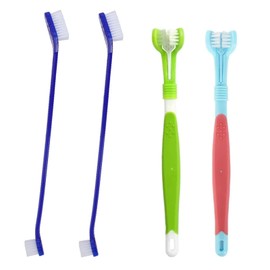 4 PCS Dog Pet Toothbrushes for Dogs & Cats - Includes 2 Triple Head for Deep Cleaning & 2 Long Handle for Easy Reach, Gentle Bristles- Dog Dental Supplies (2+2)