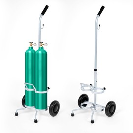 WYJREES 2 PCS Dual Oxygen Cylinder Cart, Lightweight Oxygen Tank Holder with Wheels, Portable D/E Rolling Oxygen Tank Cart with Adjustable Handle and Sturdy Powder-Coated Finish