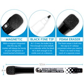 Glassboard Studio Black Fine Tip Dry Erase Markers Bulk 36-Pack with Magnetic Eraser Cap and Low Odor Ink for White Boards at School, Work, or Home