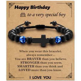 Alissl Cross Bracelet for Boys Adjustable, Blue Tiger Eye Bracelet Natural Stone Brings Happiness, Christmas Christian Baptism Birthday Gifts for Son Grandson Husband(Birthday)