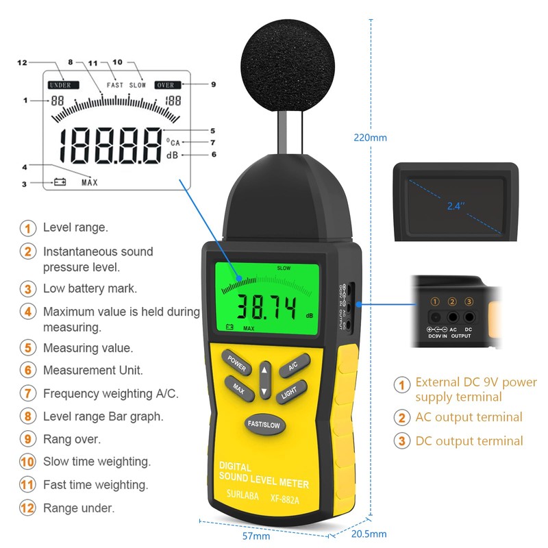 SURLABA Decibel Meter, 30-130 dB Digital Sound Level Meter with