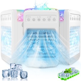 Swamp Cooler, Air Conditioners Portable with Water Tank 2/4/6H Timer, 180° Oscillating Evaporative Air Coolers with 4 Speeds 2 Cool Mists 7 Color Lights, Cooling Fan for Room Bedroom Office