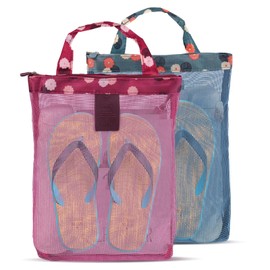 Donmnemb 2 pcs Mesh Beach Bags for Women, Lightweight Beach Totes Bags Net Beach Towel Bag, Large Travel Tote Bags with Zipper and Pockets Beach Accessories