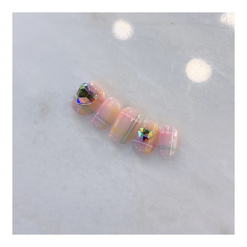 BomBom Check HeartHandmade Nail Tips - Coffin / 봄봄 체크
