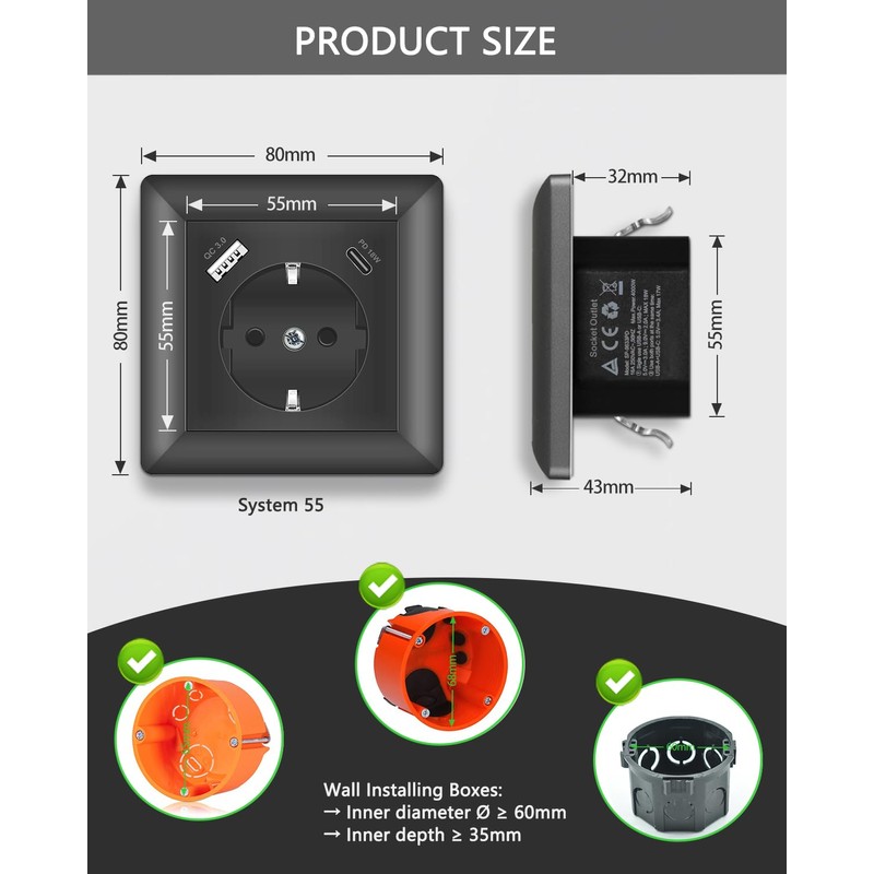 Sasudose USB Socket Flush-Mounted Grey 18 W Quick Charge System