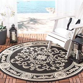 SAFAVIEH Washable Rug Outdoor Courtyard Collection - 7'10" Round, Black & Sand, Non-Shedding & Easy Cleaning, Ideal for Patio, Backyard, Mudroom (CY2914-3908)