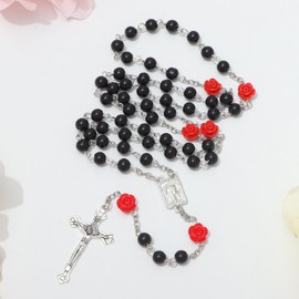 KIMUWHI Black Catholic Rosary Necklace for Women, Simulated Pearl Prayer Beads with Rose Accents, Silver Crucifix & Our Lady of Lourdes Medal, Religious Gift for Her