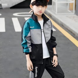 linboo Children's Boys Tracksuit Colour Block Jogging Suit Leisure Suit Sports Clothing Set 2-Piece Sweat Jacket + Jogging Bottoms Polyester, Green