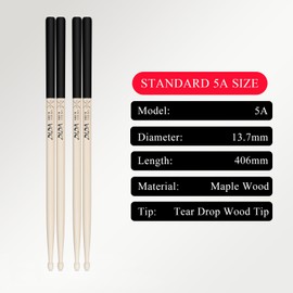 2 Pair 5A Maple Wood Drumsticks, Tear Drop Wood Tip, ANTI-SLIP Handle, Drum Sticks for Kids Adults Beginners