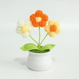 TTZZ Handmade Crochet Bouquet Potted Flowers - Artificial Flower Potted Plant with Exquisite Pot Decor, Includes Floral and Fruit Decoration - Color: Orange Flower
