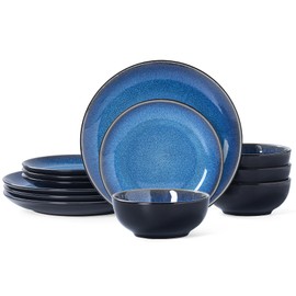 Plates and Bowls Sets for 4 - CJDC-QUELO 12-Piece Stoneware Dinnerware Sets, Ceramic Dishware Set for Kitchen Use and Formal Dining, Chip and Scratch Resistant Microwave Dishwasher Safe, Blue