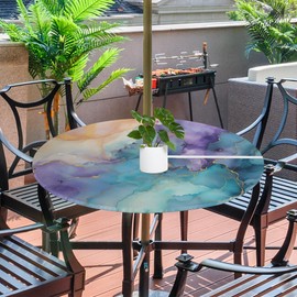 Round Outdoor Tablecloth With Umbrella Hole, Blue Lilac Marble Patio Table Cover Fitted Tablecloths with Elastic Waterproof Zippered Table Cover for Party Picnic, Fit for 45"-56" Round Tables