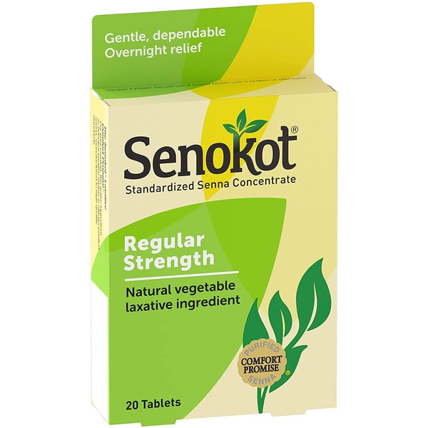 Senokot Regular Strength, Natural Vegetable Laxative Ingredient Senna for Gentle Dependable Overnight Relief of Occasional Constipation, 20 Tablets