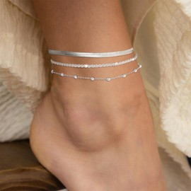 Silver Ankle Bracelets for Women Waterproof Non Tarnish Layered Sparkling Anklet Dainty Link Chain Anklet Trendy Beach Foot Chain Jewelry Gifts (snake+bead+rope)