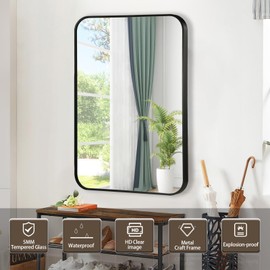 CLBA Black Bathroom Mirror, 26x38 Inch Matte Black Mirror, Aluminum Alloy Framed Vanity Mirror, Rounded Rectangle Mirror for Over Sink, Anti-Rust Wall Mirror (Horizontally or Vertically)