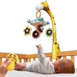 Tumama Kids Baby cot mobile, crib toys with remote control, projection night light music white noise, nursery giraffe toys for newborn 0 Month+ - Color: White-AA battery version