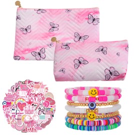 2 Pieces Cosmetic Bag for Women,Preppy Aesthetic Makeup Bag,7 Pcs Friendship Bracelets,50 Pcs Preppy Stickers,Travel Toiletry Bag Organizer,Cute Makeup Brushes Aesthetic Accessories Storage Bag