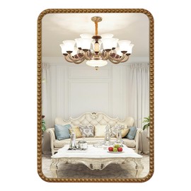 Beaded Frame Wall Mirror for Bathroom, 24"x36" Rounded Corner Antique Gold Rectangle Mirror, Decorative Mirror for Living Room(Horizontal or Vertical)