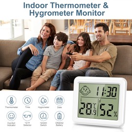 Ankilo Digital Thermometer Hygrometer with Clock, Indoor Portable Large Screen Multifunctional Thermometer, Hygrometer, Alarm Clock Digital with Temperature, Room Climate Indicator for Office, Home,