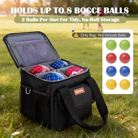 Bonioka Bocce Ball Bag for 8 Balls, Bocce Ball Set Carrying Case with Removable Dividers, Padded Bocce Storage Bag with Shoulder Strap & Mesh Pockets for Lawn Games, Black (Bag Only)