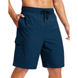 Men's Swim Trunks No Liner 9" Board Shorts Quick Dry Bathing Suit Swimming Beach Shorts for Men with 3 Pockets(Dark Blue,L)