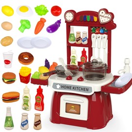 Kitchen Toys Imitated Chef Light Music Pretend Cooking Food Play Dinnerware Set Children Girl Toy Kitchen Sink with Running Water and Electronic Induction Stove (red kitchen)