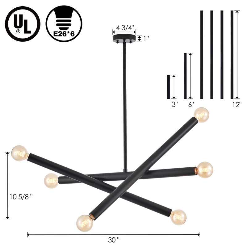 VANZARLA Black Sputnik Chandelier for Dining Room, Modern Pendant Light