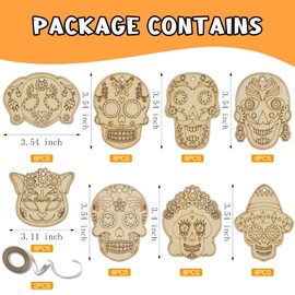 Generic 64 Sets Day of The Dead Skull Crafts Unfinished Wooden Sugar Skull Ornaments Make Your Own Mexican Fiesta Blank Cutout Dia De Los Muertos Hanging Slices Tree Decorations