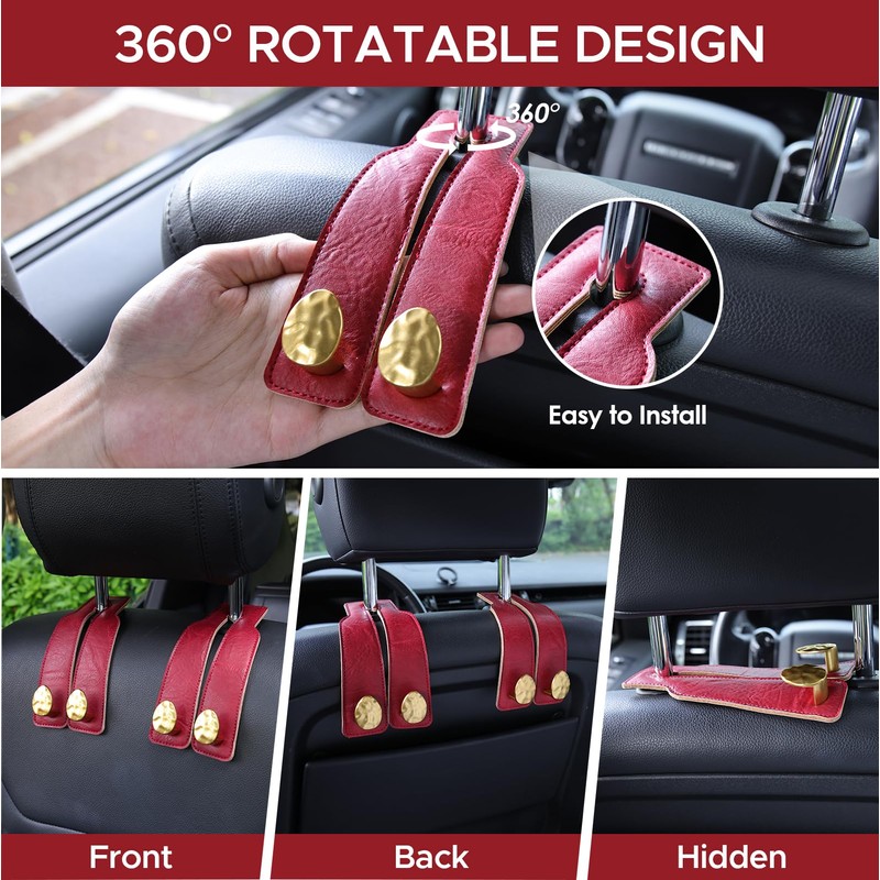 URIZZD 2PCS Leather Car Seat Hooks for Headrest, Vehicle Hanger