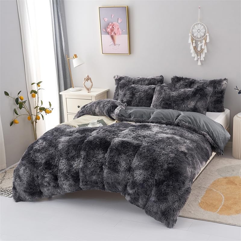 chovy Faux Fur Tie-Dyed Black Gray White Colorful Comforter Sets