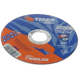 Weiler 58000 4-1/2" x 0.045" Tiger Zirc Type 1 Thin Cutting Wheel, Z60T, 7/8" A.H. (Pack of 25)